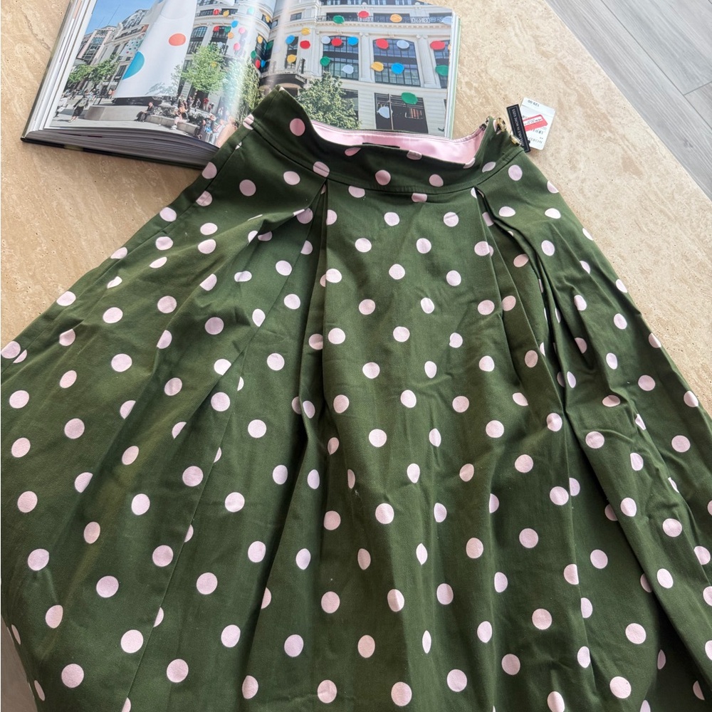 Halogen x Atlantic-Pacific Green Full Midi Skirt with Pink Polka Dots